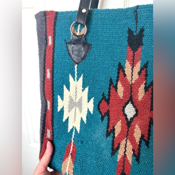 SOUTHWESTERN Saddle Blanket Bag Tote Purse Wool Aztec Tribal Turquoise Red Wool - Picture 3 of 12